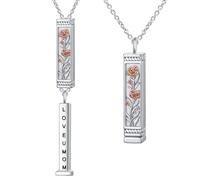 DAOCHONG Sterling Silver Love U Mom Carnation Vertical Bar Necklace, Engraved Hidden Message Two-Tone Floral Secret Pendant, Mothers Day Jewelry Presents for Women