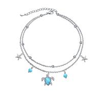 DAOCHONG Turtle Starfish Sea Star Layer Anklet for Women S925 Sterling Silver Beads Charm Foot Chain Synthetic Turquoise Boho Beach Double Layer Anklets Bracelet Adjustable 9 to 10.5 inches
