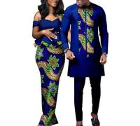 DaoGeSir African Couple Outfits Traditional Dashiki Clothing Women Print Wax One Dress With Men Dashiki Jacket Shirt And Pants Sets(8,XXL)