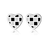 DAOMEI 925 Sterling Silver Black White Checkerboard Round Square Heart Stud Earring For Daughter Girls Birthday Gif