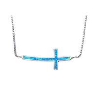 DAOMEI Created Blue White Fire Opal Silver Cross For Women Jewelry Gift Necklace Pendant