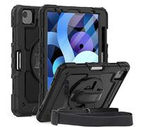 DAORANGE Case for iPad Air 4th Generation 10.9 Inch 2020, Full Body Protective Case with Screen Protector Pen Holder, Built-in Hand Strap and Rotating Stand for iPad Air 4 10.9 2020 (Black)