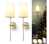 Daoteper Battery Operated Wall Sconces Set of 2, 15 RGB Color Dimmable Rechargeable LED Bulbs Wall Lights with Remote, Gold Wireless Battery Powered Wall Decor for Living Room Bedroom Party Hallway