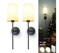 Daoteper Battery Operated Wall Sconces Set of 2, 15 RGB Color Dimmable Rechargeable LED Bulbs Wall Lights with Remote, Black Wireless Battery Powered Wall Decor for Living Room Bedroom Party Hallway