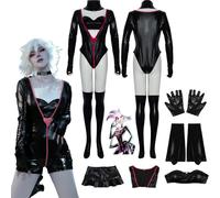 Daotutu Angel Dust Hazbin Hotel Cosplay Costume Outfits for Women Anime Character Charlie Morningstar Black Uniform Adult Leather Jumpsuit Gloves Full Set Halloween Carnival Fancy Dress Up Suit (3XL)