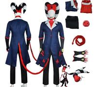 Daotutu Blitzo Hazbin Hotel Cosplay with Hat Costume Outfits for Men Anime Character Lucifer Blue Uniform Adult Tail Gloves Pants Full Set Halloween Carnival Fancy Dress Up Suit (L)