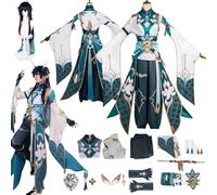 Daotutu Dan Heng Honkai Star Rail Cosplay with Wig Costume Outfits for Men Game Character Sunday Green Uniform Adult Vest Headdress Full Set Halloween Carnival Fancy Dress Up Suit (3XL)