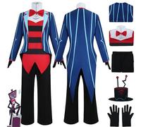 Daotutu Vox Hazbin Hotel Cosplay with Hat Costume Outfits for Men Anime Character Alastor Blue Uniform Adult Coat Pants Gloves Full Set Halloween Carnival Fancy Dress Up Suit (XL)