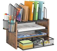 DAOUTIME Desk organizer with Drawer, 4-Tier Mesh Desk File Organizer with 5 Vertical File Holders and 2 Pen Holders, Multifunction Desktop Organizer,Desk Organizers and Accessories for Home Office