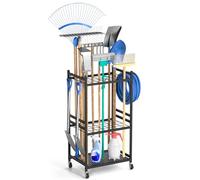 DAOUTIME Garden Organizer With Wheels, Yard Tower Rack for Garage Storage, Up to 35 Long-Handled Tools, Sturdy Metal Steel Holder With 3 Hooks, Outdoor, Black