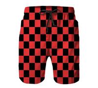 Daozundi Mens Swim Trunks with Mesh Lining,Quick Dry Swimsuit Board Shorts Beach Pants Swimwear Bathing Suits, Black and Red Checkers, Small
