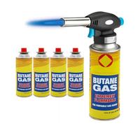 Dapetz ｮ Blow Torch for Cooking with Butane Gas Canisters Kitchen Torch with Adjustable Flame & Safety Lock, Crème Brûlée Torch for BBQ, Baking, Soldering, Welding & DIY (Blow Torch + 4 Gas)