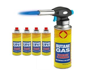 Dapetz ｮ Blow Torch for Cooking with Butane Gas Canisters Kitchen Torch with Adjustable Flame & Safety Lock, Crème Brûlée Torch for BBQ, Baking, Soldering, Welding & DIY (Blow Torch + 4 Gas)