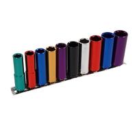 Dapetz ® 10 Piece Deep Socket Set 13-24mm, 1/2" Drive Multi-Coloured Long Reach Deep Socket Set with Plus Wall Rail Chrome Vanadium Steel Sockets Workshop Garage Tools