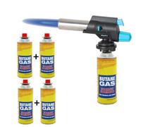 Dapetz ® Blow Torch with Butane Gas Bottles - for Camping, Cooking, Kitchen, BBQ, Desserts, Creme Brulee | Refillable Welding Refill Auto Ignition Soldering Weed Burning Blowtorch (Blow Torch + 4 Gas)