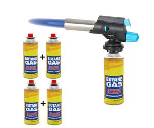 Dapetz ® Blow Torch with Butane Gas Bottles - for Camping, Cooking, Kitchen, BBQ, Desserts, Creme Brulee | Refillable Welding Refill Auto Ignition Soldering Weed Burning Blowtorch (Blow Torch + 4 Gas)