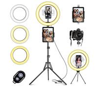 daphomeu Ring Light with Tripod Stand & Phone Holder, 10" LED Selfie Ring Light 3 Color Modes and 10 Brightness Dual Phone Holders Bluetooth Receiver for Makeup, Live Streaming, Tiktok, YouTube Video