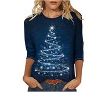 DaPongZhi Christmas Jumpers for Women UK 3/4 Sleeve Xmas Tree Printed Sweatshirt Casual Crewneck Pullover Loose Christmas Blouse Tunic T Shirt Ladies Xmas Sweatshirts Holiday Clothes