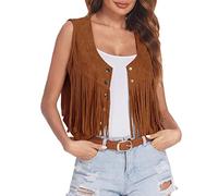 DaPongZhi Cowgirl Outfit for Women Denim Tassel Jacket Cow Girl Waistcoat Ladies Vintage Lapel Sleeveless Vest Top Fringe Cropped 70s Hippie Clothes Motor Biker Cardigan Outwears Party Top