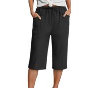 DaPongZhi Cropped Trousers for Women UK Summer Cotton Linen Three Quarter Length Trousers Casual Elasticated High Waist 3/4 Length Pants Lightweight Straight Wide Leg Soft Capri Shorts