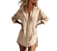 DaPongZhi Linen Shirt Women Summer 3/4 Sleeve Button Down Dressy Longline Tops Casual Solid Color Loose Oversized Shirts Lightweight Breathable Plus Size Blouses Hawaii Beach Cover Up Ladies Clothes
