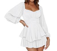 DaPongZhi White Pirate Dress for Women with Puff Sleeves, Off-shoulder & Low-shorts summer Boho beach A-line Mini Dress
