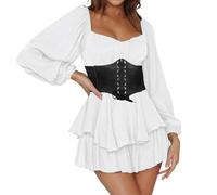 DaPongZhi White Pirate Dress & Jumpsuit - Off Shoulder Puff Sleeve with Shorts - Boho Ruffled A Line Summer Beach Dress