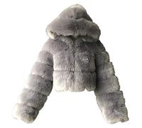 DaPongZhi Women's Faux Fur Coat, Imitation Fox Fur Plush Coat, Winter Warm Thick Hooded Coat, Cropped Fluffy Jacket Coat with Fleece Hood