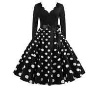 DaPongZhi Women's V-Neck Cocktail Dress, 1950s Retro Polka Dot Casual Dress, Womens Color Block A-Line Dress, Tea Party Evening Wedding Dress Black