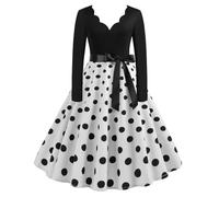DaPongZhi Women's V-Neck Cocktail Dress, 1950s Retro Polka Dot Casual Dress, Womens Color Block A-Line Dress, Tea Party Evening Wedding Dress White