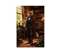 Dapper Fox Gentleman In Vintage Suit In Antique Library Canvas Wall Art Poster, Warm Moody Dárk Acádemia Animal Print, Whimsical Cottage Study Office Decor 08x12inch