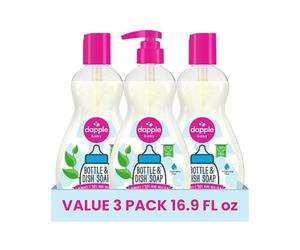 Dapple Baby, Bottle and Dish Soap Dish Liquid Plant Based Hypoallergenic 1 Pump Included Fluid Ounces Packaging May Vary, Fragrance Free, Fragrance Free, 50.7 Fl Oz, (Pack of 3)