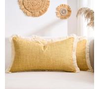 DAPTSY Boho Lumbar Throw Pillow Covers with Tassels 12x20 Pillow Cover Faux Linen Farmhouse Decorative Cushion Covers Mustard Yellow for Sofa Bed Living Room Home Decor Set of 2