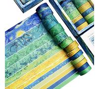 DAPUTOU Washi Tape Set of 12 Rolls,Van Gogh Starry Night Decorative Green Leaves Floral Blue Yellow Washi Masking Tape Sets for Craft,Kids,Scrapbook,DIY,Gift Wrapping(Yellow)