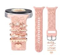 DaQin Flower Engraved Bands Compatible with Samsung Galaxy Watch 8 Band 40mm 44mm/Galaxy Watch 8 Classic 46mm, Soft Silicone Replacement Strap with Fancy Decorative Charms Accessories for Women