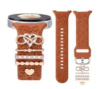 DaQin Flower Engraved Strap Compatible with Samsung Galaxy Watch 8 Band 40mm 44mm Galaxy Watch 8 Classic 46mm Soft Silicone Replacement Band with Stylish Decorative Charms, Auburn Ribbon/Gold Love