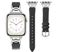 DaQin Slim Leather Band Compatible with Apple Watch Bands 44mm 42mm 45mm 46mm for Women, Dressy Leather Strap with Designer Metal Buckle for iWatch Bands Series 10 9 8 7 6 5 4 3 2 1 SE,Black