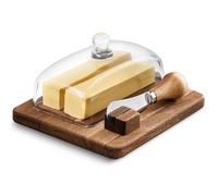 DAQJIOO Glass Butter Dish with Airtight Lid Bamboo Cutting Board Built-in Stainless Steel Knife Spreader-Covered Butter Dishes with Lid for West/ East Coast Butter