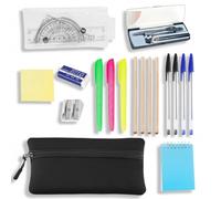 DAQUN 17 Pcs Stationery Set for GCSE Revision & School, Sturdy Black Neoprene Pencil Case with Complete Mathematical Geometry Kit, Ruler & Compass, Functional School Supplies for Secondary Students