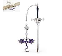 DAQUN Fantasy Bookmark, Antique Silver Dragon, Sword Page Clip, Tassel Pendant, Purple, for Gothic Gift Souvenir