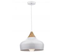 Dar Lighting Dar Gaucho Single Light Ceiling Pendant in a Satin White Finish with Wood Detail