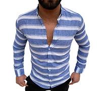 Summer Casual Fashion Linen T-Shirt - Men's Retro Stand Collar Sexy V-Neck Cotton and Linen Shirt Short Sleeve Shirt Solid Color Breathable Simple Business Party Blue
