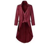 DarcChic Mens Gothic Tailcoat Jacket Black Steampunk VTG Victorian Coat L High Collar L/L, Burgundy, L