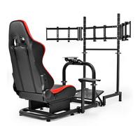 Dardoo Racing Simulator Cockpit Vertical Bracket with Triple Monitor Stand and Red Seat Fit for Logitech/Thrustmaster/Fanatec G29 G920 G923 T300RS CSL-DD