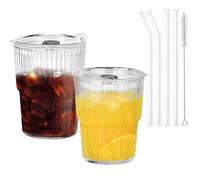 DARENYI 2Pcs Iced Coffee Cup 400ml Glass Cups with Iids and Straws for Iced Coffee, Milk Tea, Milkshakes, Cocktails, Tea, Smoothies