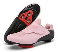 DARIBOM Unisex Cycling Shoes Compatible with Peloton Shoes Indoor Road Bike Riding Shoes for Men and Women Pre-Installed with Delta Cleats Clip Outdoor Pedal, Pink, 10.5 Women/8 Men