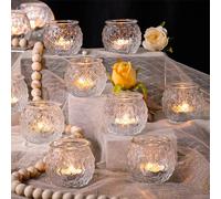 DARJEN 12Pcs Clear Votive Candle Holders - Round Glass Candle Holders for Tea Light Candle, Embossed Candle Votives for Wedding Centerpiece, Living Room & Home Table Decor