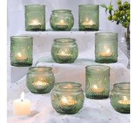 DARJEN 12Pcs Green Votive Candle Holders - Glass Tea Light Candle Holder for Wedding Shower, Candle Holder Bulks for Wedding & Home Table Decor, Vintage Parties Gifts