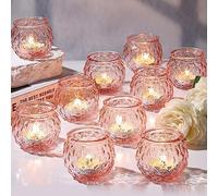DARJEN Pink Votive Candle Holders Set of 24- Round Glass Candle Holders Bulk for Flameless LED Tea Waxes, Romantic Candle Holder for Wedding & Home Table Decor, Various Parties