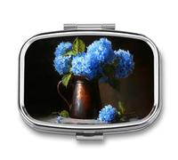 Dark Academia Blue Hydrangea in Brown Vase Pill Box 2 Compartment Portable Medicine Pill Case Travel Pill Organizer for Pocket Purse